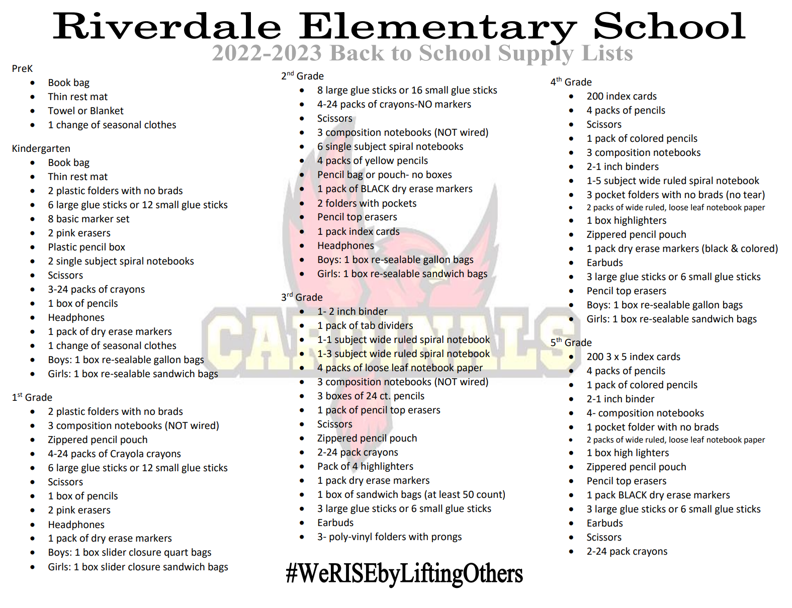  School Supply Lists - see attachment for screen-readable PDF.